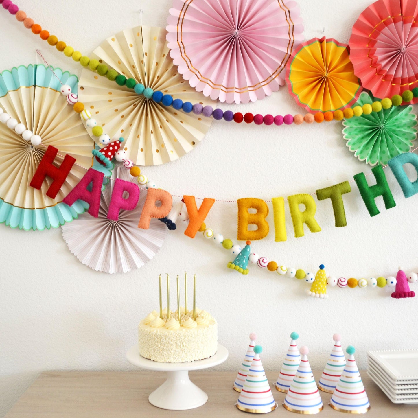 Happy Birthday Rainbow Felt Banner, Party Hat Felt Garland, Ombre Rainbow Felt Ball Garland Decoration, Paper Pinwheel Fans