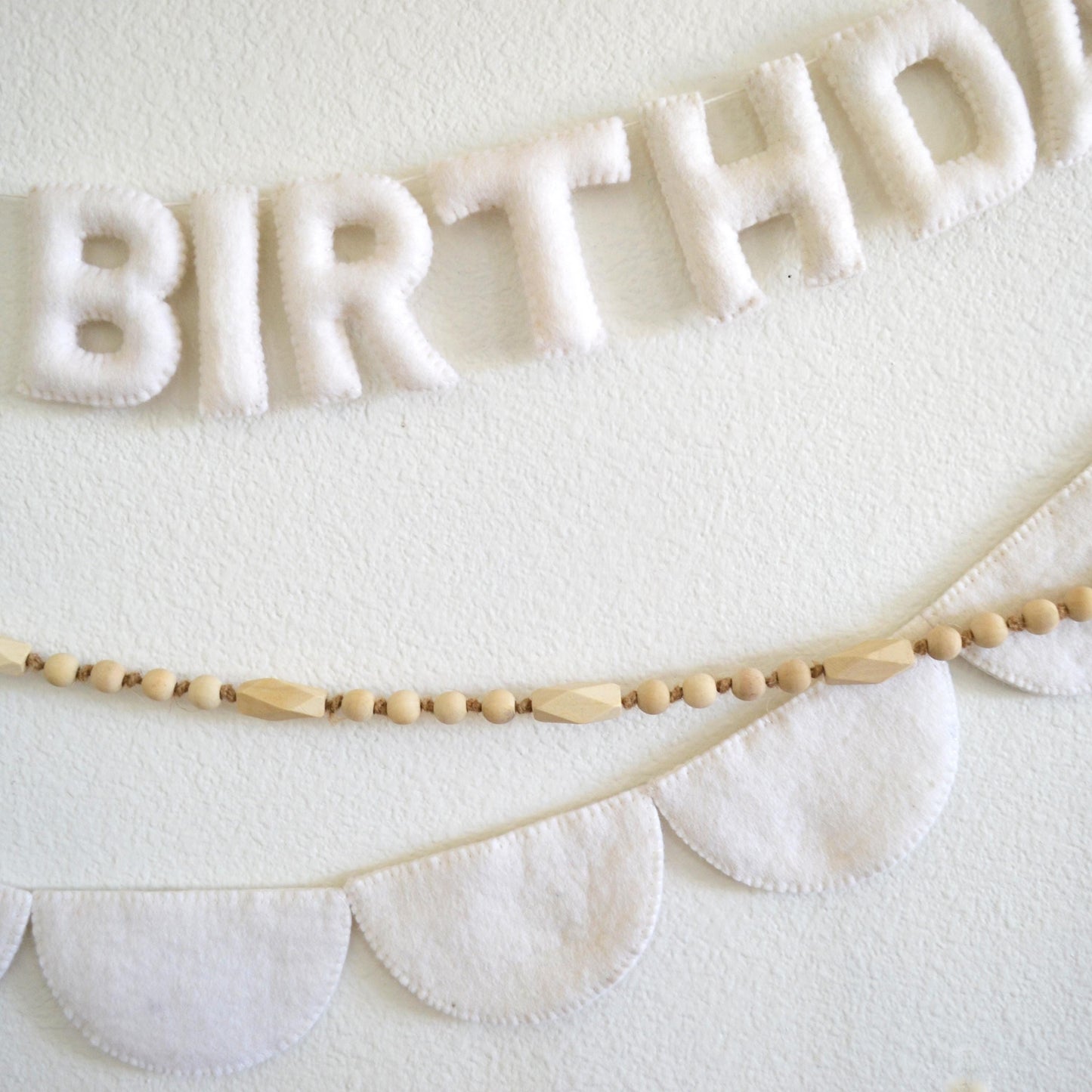 White Happy Birthday Felt Banner or Wood Bead Garland or Felt Scallop Banner