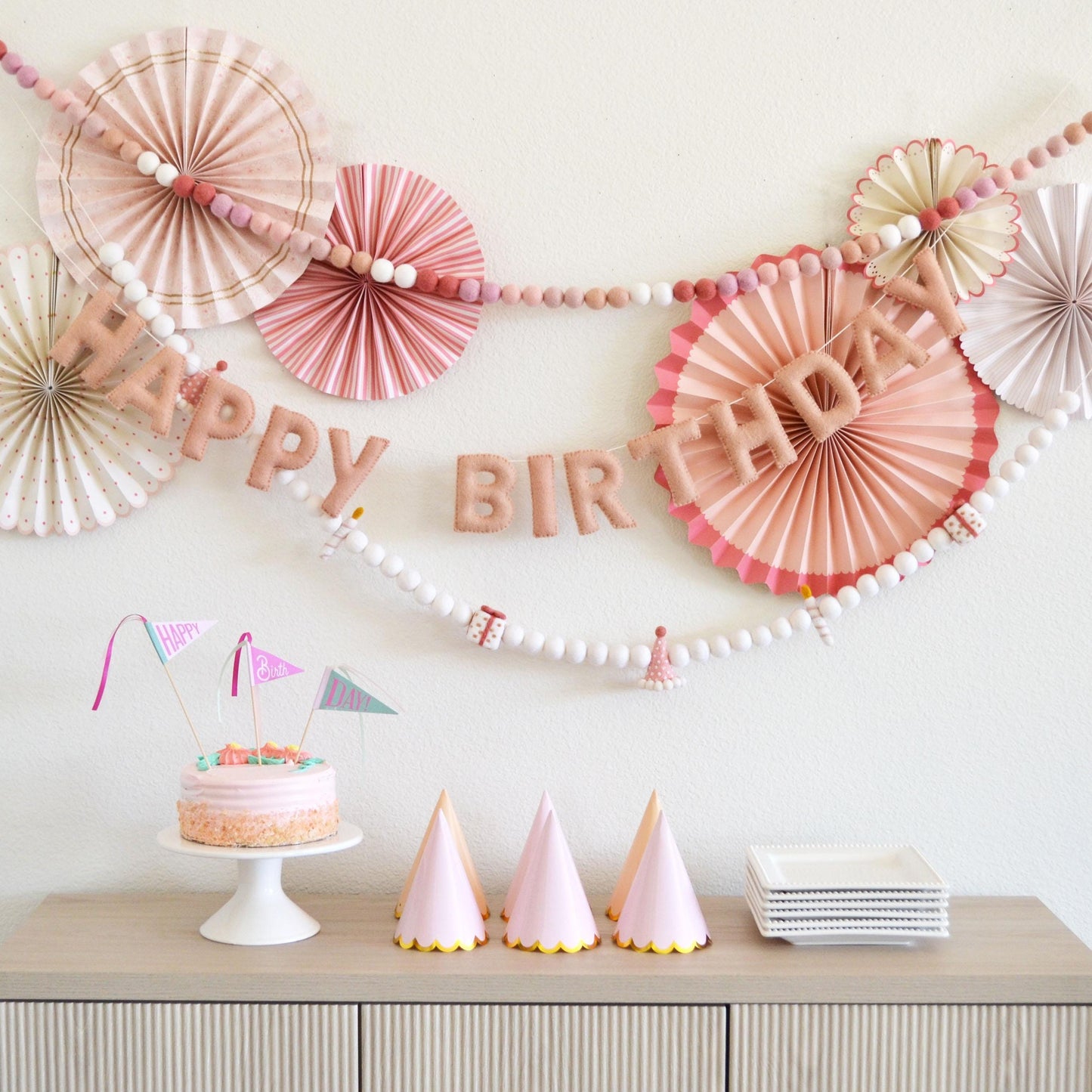 Pink Ombré Felt Ball Garland or Blush Pink Happy Birthday Banner or Hat, Gift & Candle Felt Garland