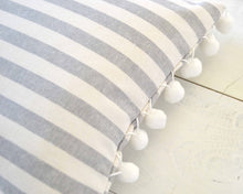 Gray and White Striped Pillow Cover with Large White Pom Poms-12" x 20"- Striped Pom Pom Pillow Cover, Decorative Pillow, White Pom Pillow