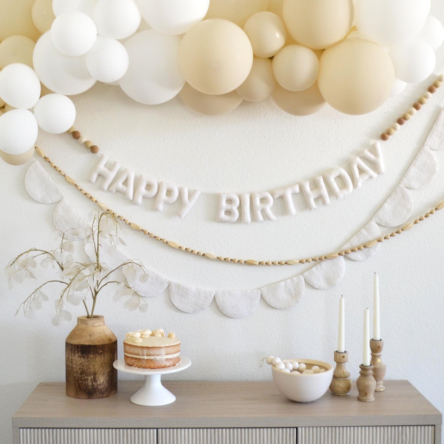 White Happy Birthday Felt Banner or Wood Bead Garland or Felt Scallop Banner