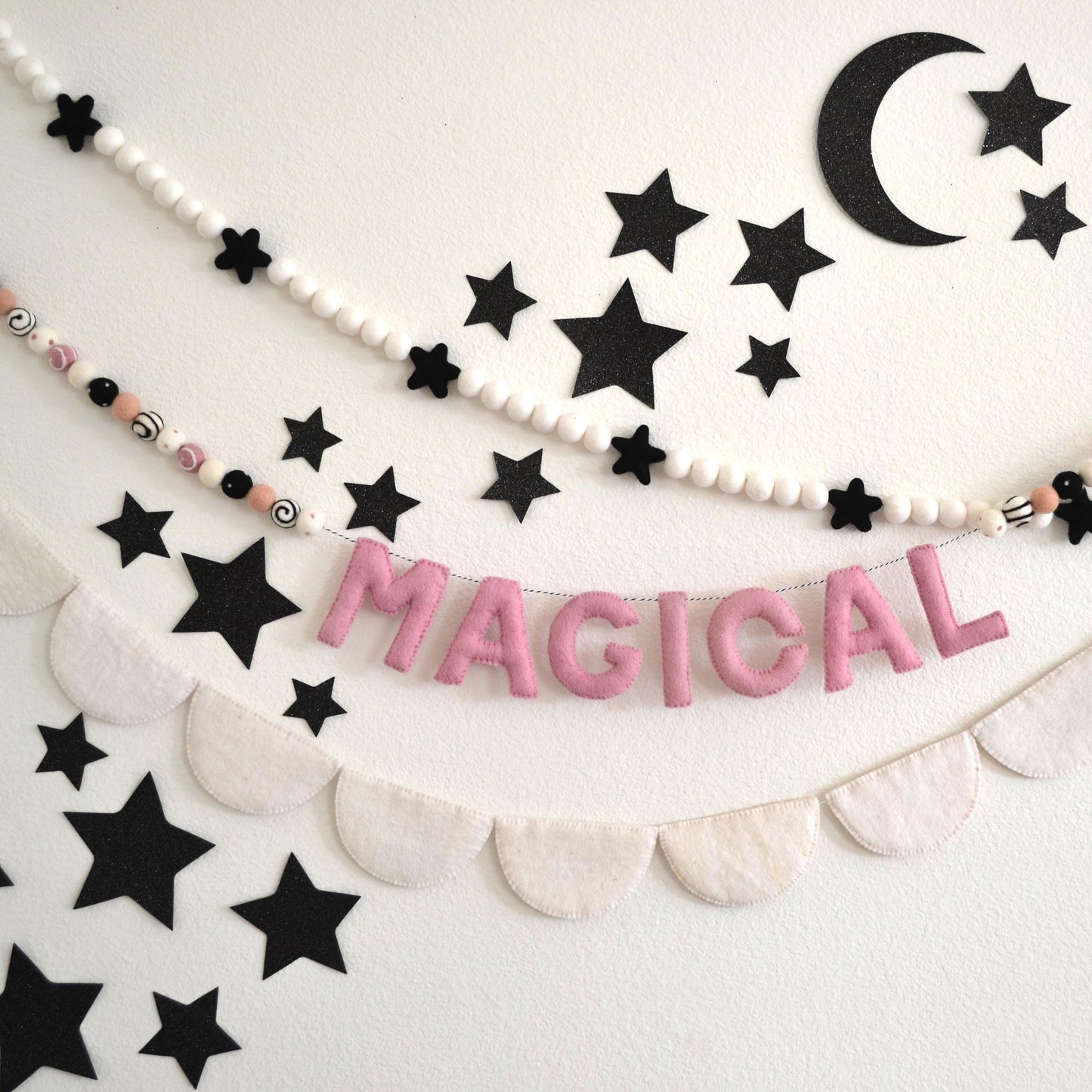 Halloween Felt Ball Garland - Choice of Black Star Felt Garland, MAGICAL Banner or White Felt Scallop Banner