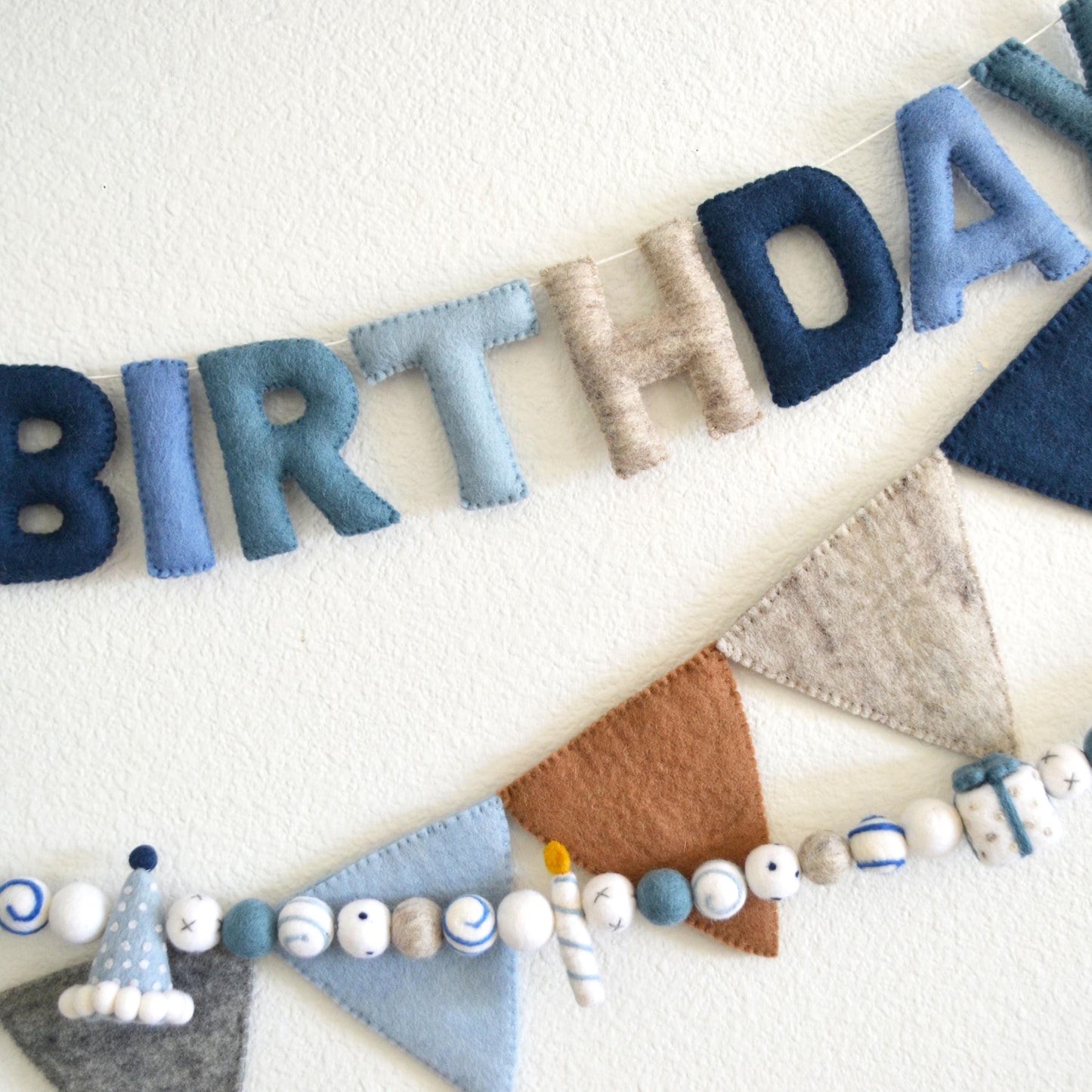 Blue Happy Birthday Banner or Felt Party Hat, Git & Candle Felt Garland or Pennant Flag Banner