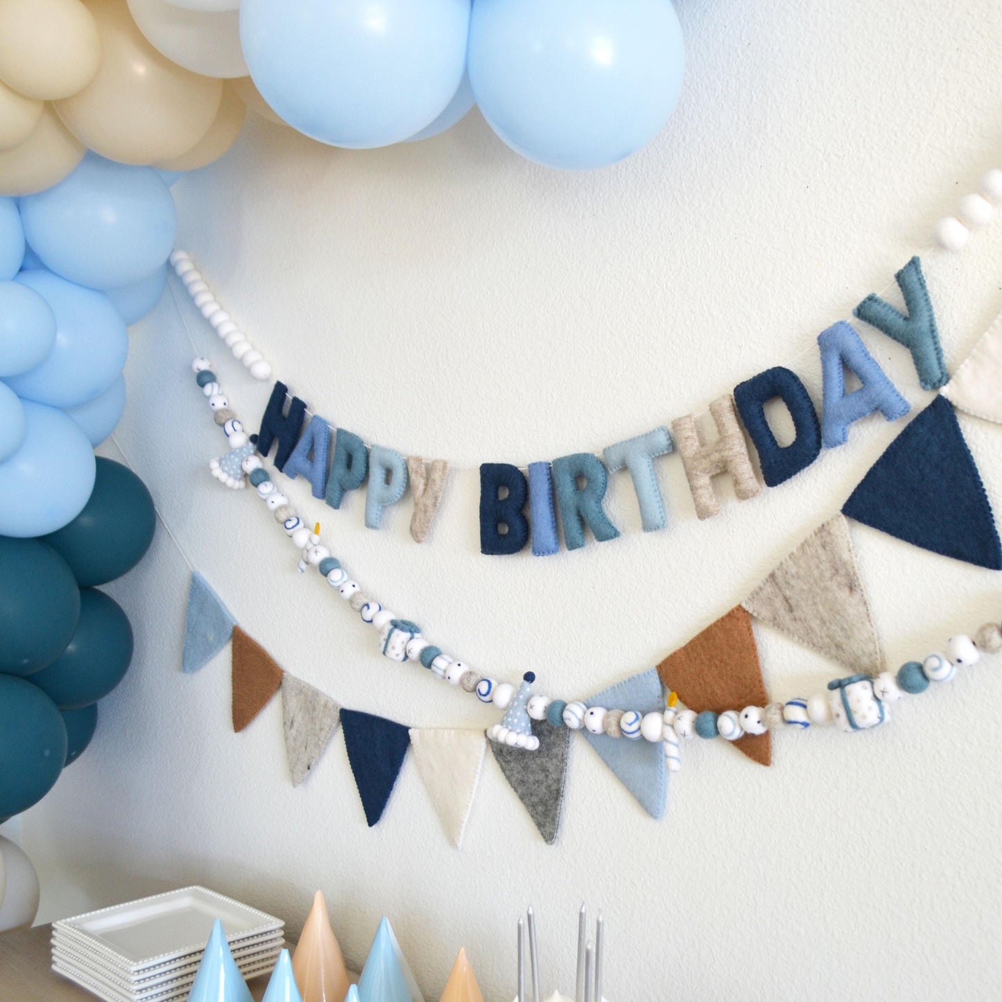 Blue Happy Birthday Banner or Felt Party Hat, Git & Candle Felt Garland or Pennant Flag Banner