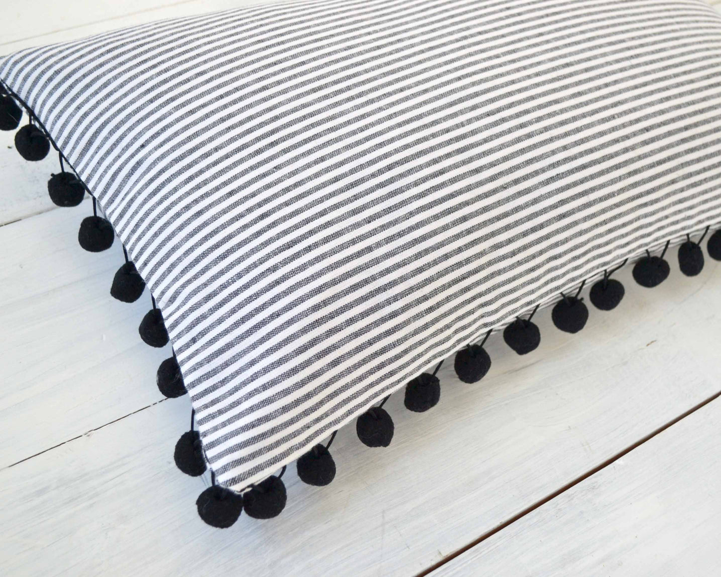 Pom Pom Pillow Cover - 12" x 20"- Striped Pom Pom Pillow Cover, Decorative Pillow,  Striped Throw Pillow, Pillow with Stripes