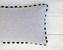 Striped Pillow Cover with Pom Pom Trim- Black and White Pinstripe Pillow Cover- 12" x 20" - Farmhouse Pillow, Pom Pom Pillow, Stripe Pillow