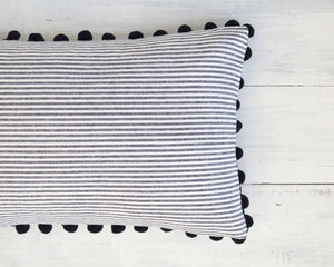 Striped Pillow Cover with Pom Pom Trim- Black and White Pinstripe Pillow Cover- 12" x 20" - Farmhouse Pillow, Pom Pom Pillow, Stripe Pillow