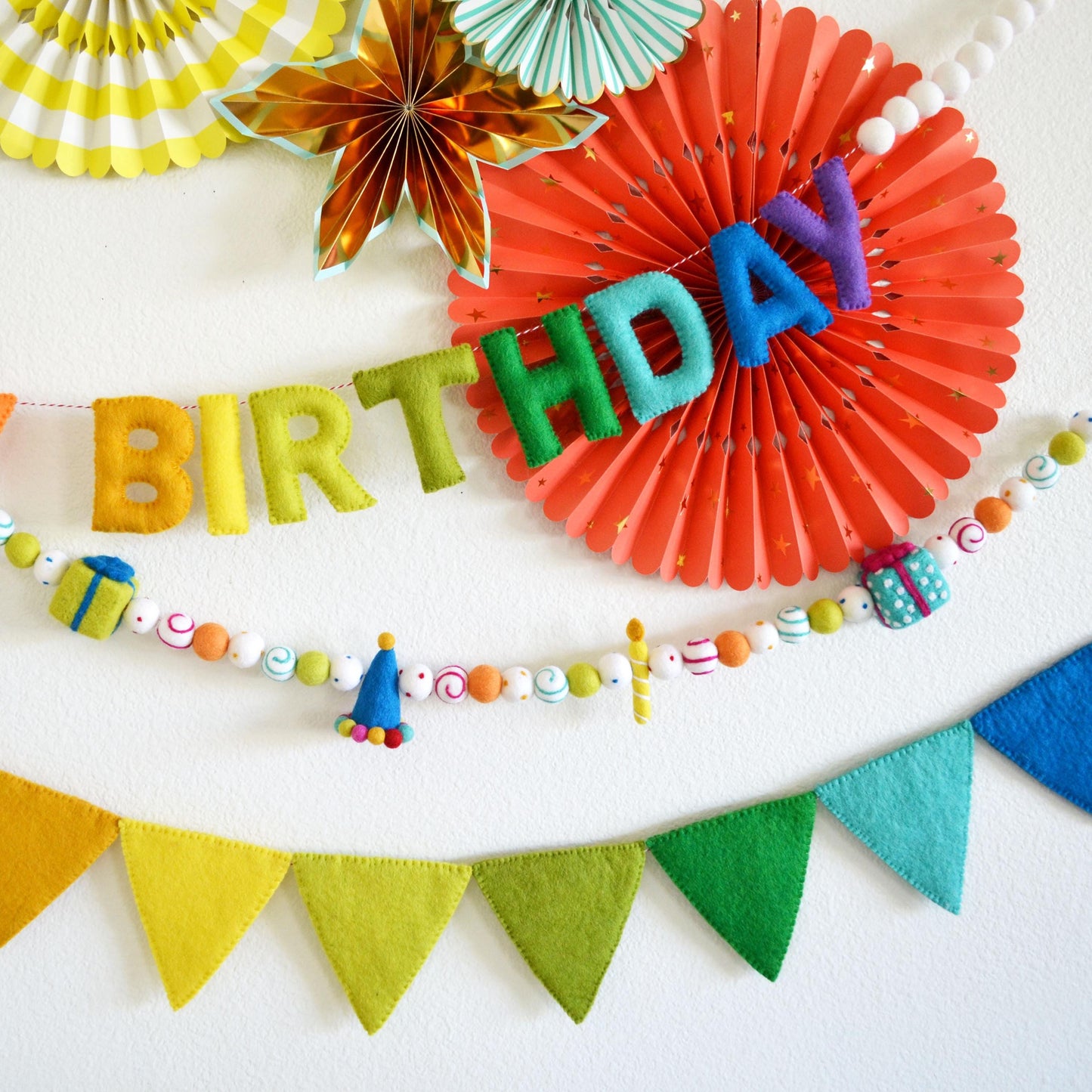 Reusable Happy Birthday Banner or Hat, Gift & Candle Felt Ball Garland or Rainbow Felt Pennants