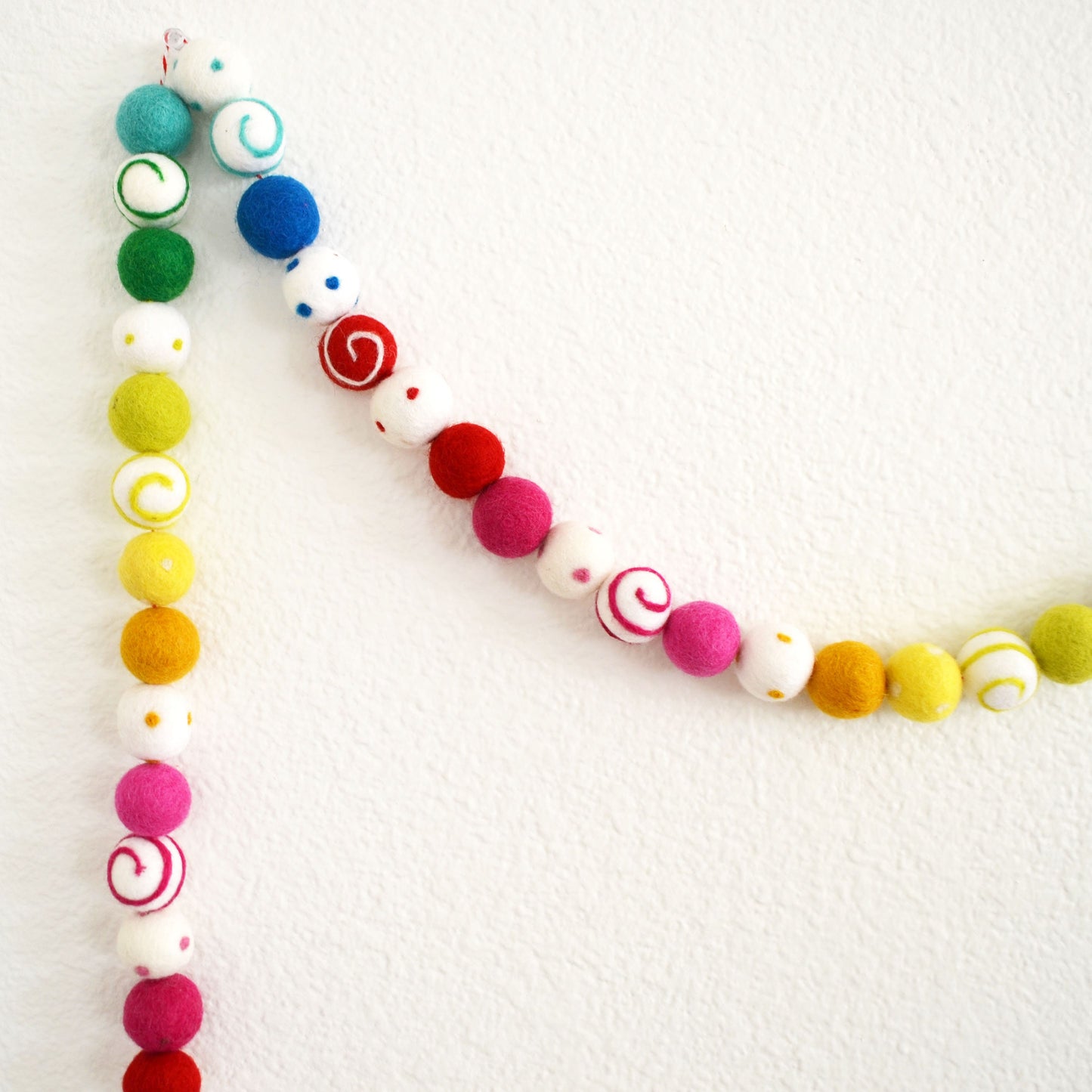 Rainbow Ombré Felt Ball Garland with Colorful Dots and Swirls