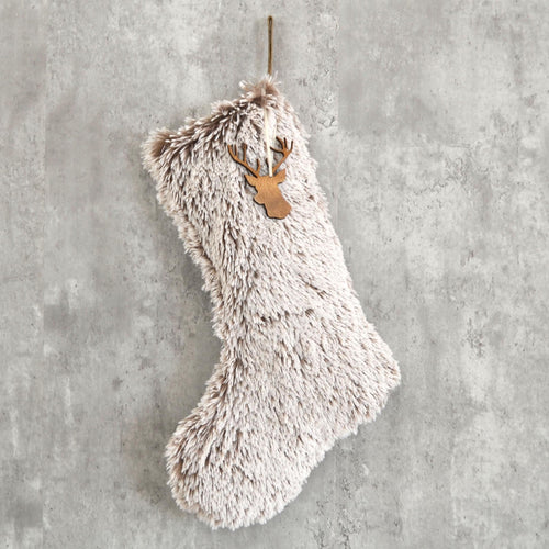 Faux Fur Christmas Stocking | Rustic Farmhouse Holiday Decor | Cozy Boho Stocking | Shaggy Walnut Color Modern Neutral Stocking