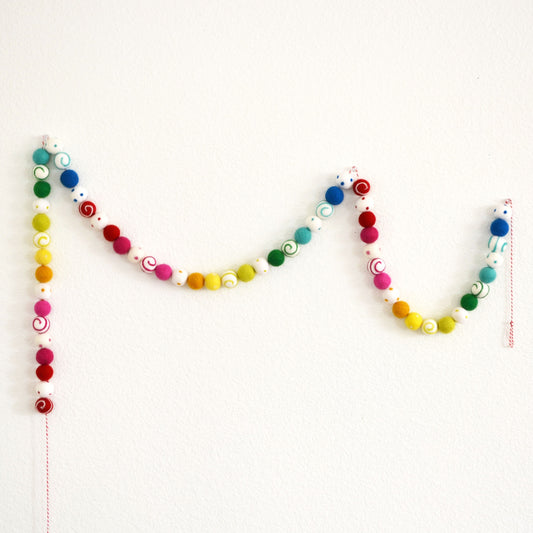 Rainbow Ombré Felt Ball Garland with Colorful Dots and Swirls
