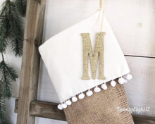 Christmas Stocking - White Pom Pom Christmas Stocking, Boho Christmas Stocking, Burlap Stocking, Baby Stocking, Bohemian Stocking, Stockings