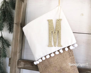 Christmas Stocking - White Pom Pom Christmas Stocking, Boho Christmas Stocking, Burlap Stocking, Baby Stocking, Bohemian Stocking, Stockings