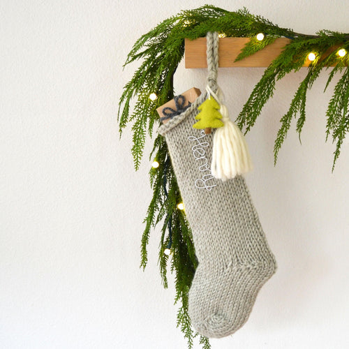 Hand Knit Chunky Wool Christmas Stocking with Wool Tassel & Felt Tree | Tan Knitted Chunky Christmas Stocking (Name Tag NOT included)