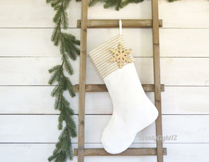 Velvet Christmas Stocking – Striped Ivory & Brown Handmade Holiday Stocking
