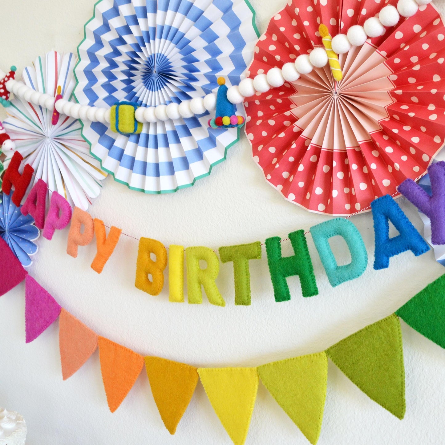 Hat Gift & Candle Felt Ball Garland, Happy Birthday Banner and Rainbow Felt Pennant Flags Bundle