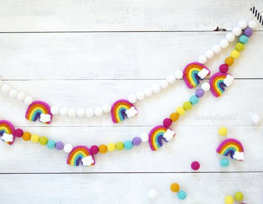 Felt Ball Garland - Choice of Rainbow with White Balls or Rainbow with Colorful Balls
