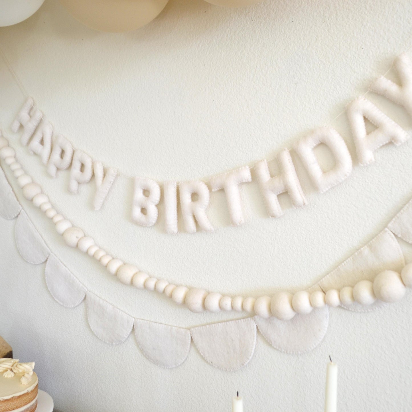 White Happy Birthday Felt Banner or Boho Felt Garland or Felt Scallop Banner