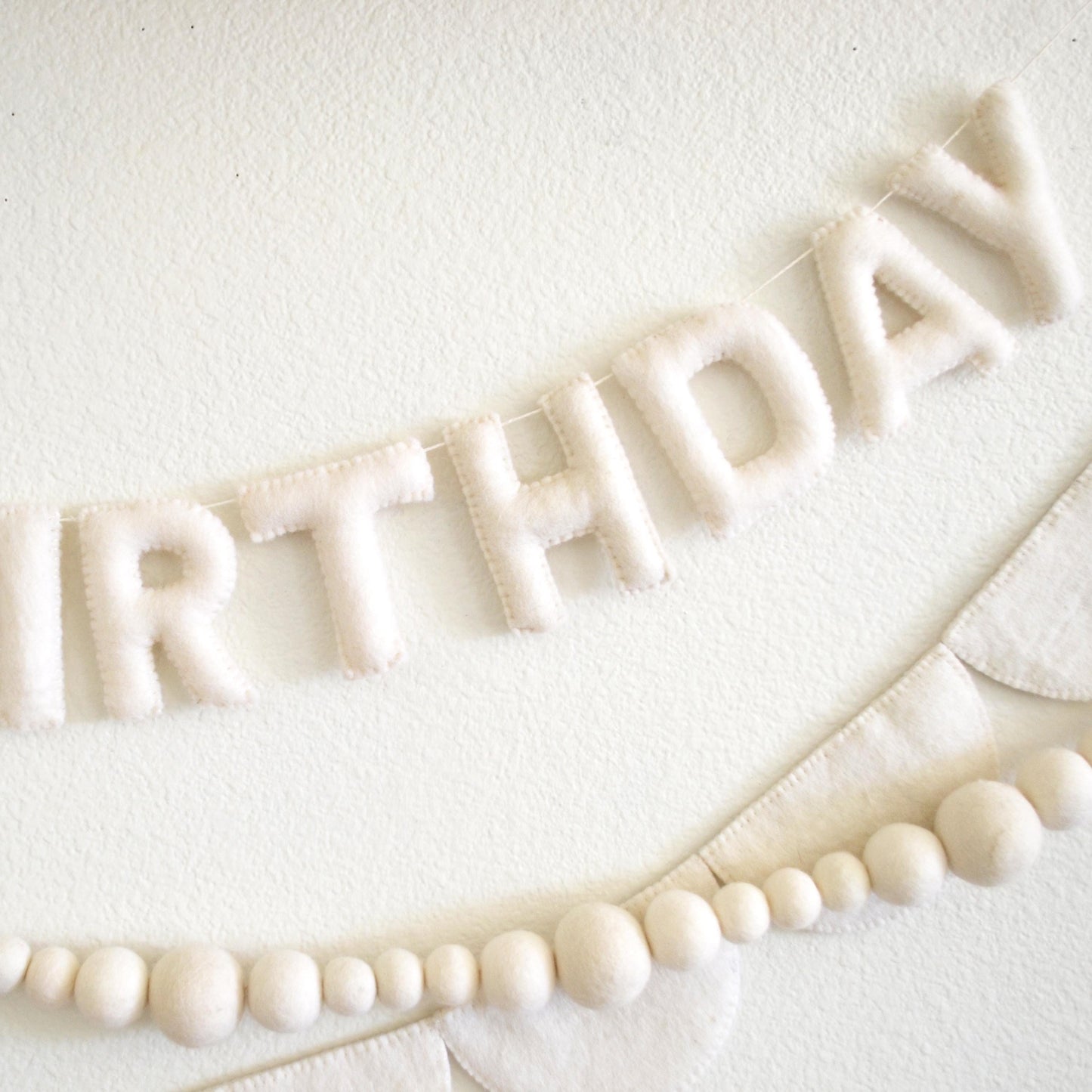 White Happy Birthday Felt Banner or Boho Felt Garland or Felt Scallop Banner
