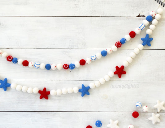 4th of July Felt Ball Garland - Choice of Colorful Felt Ball Garland or Red & Blue Star Garland