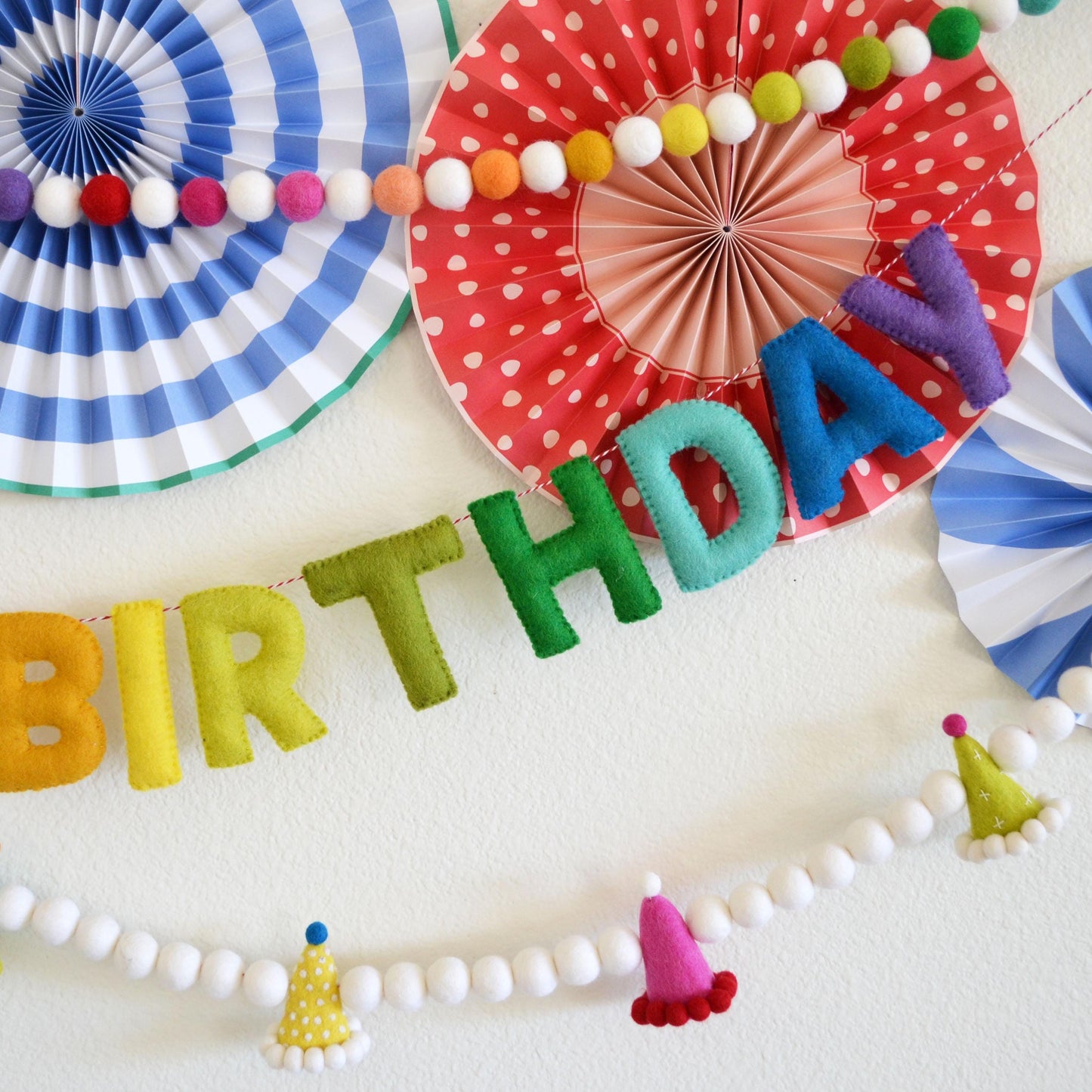 Rainbow and White Ombré Felt Ball Garland, Happy Birthday Banner and Party Hat Felt Garland Bundle