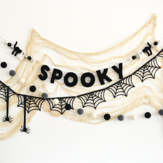 Halloween Felt Ball Garland - Choice of SPOOKY Banner, Black Cardstock Webs or 4cm Black, Gray and White Felt Ball Garland