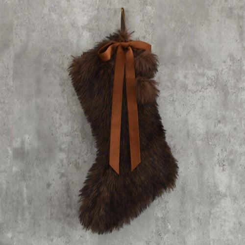Chocolate Brown Faux Fur Christmas Stocking with Fur Pom Poms and Velvet Bow | Earthy Tone Christmas Decor | Vintage Inspired Rustic Decor