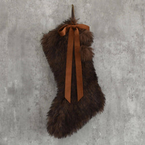 Chocolate Brown Faux Fur Christmas Stocking with Fur Pom Poms and Velvet Bow | Earthy Tone Christmas Decor | Vintage Inspired Rustic Decor