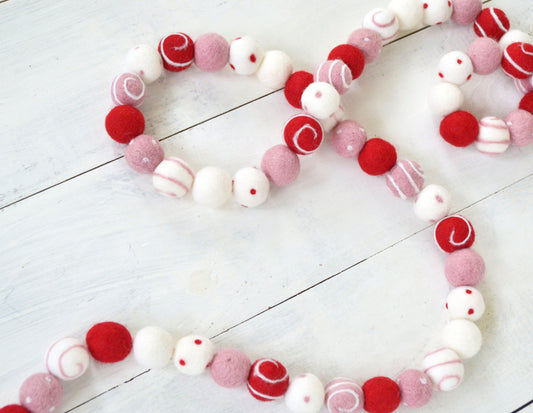 Valentines Garland - Valentines Swirl Felt Ball Garland, Felt Ball Garland, Felt Ball Wall Hanging, Felt Balls, Pom Pom Garland, Wool Felt