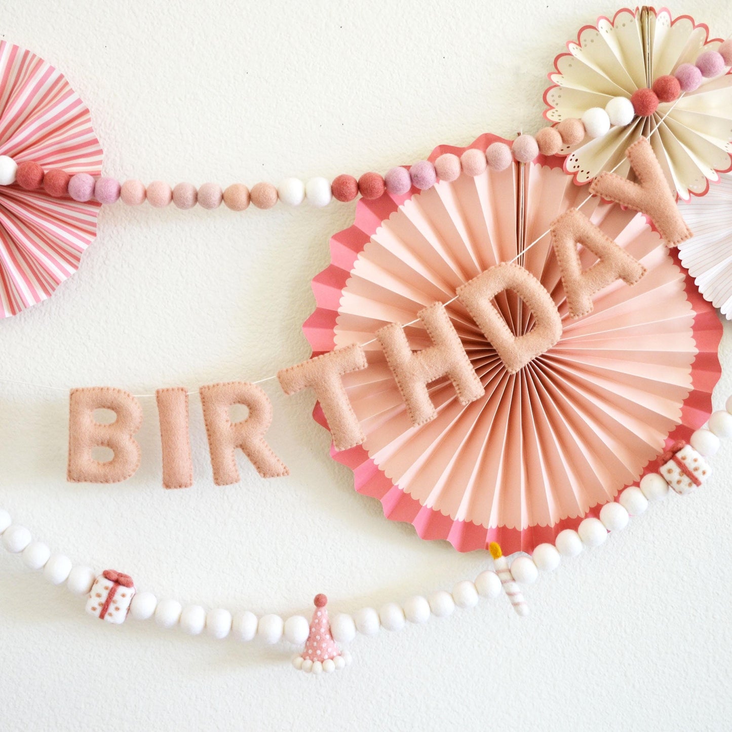 Pink Ombré Felt Ball Garland or Blush Pink Happy Birthday Banner or Hat, Gift & Candle Felt Garland
