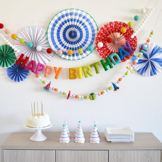Rainbow 4cm Felt Ball Garland or Happy Birthday Banner or Hat, Gift & Candle Felt Garland