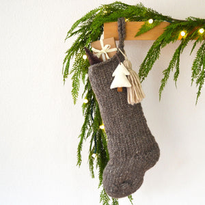 Hand Knit Chunky Wool Christmas Stocking with Wool Tassel & Felt Tree | Coffee Brown Cozy Knit Stocking | Chunky Knit Stocking Holiday Decor