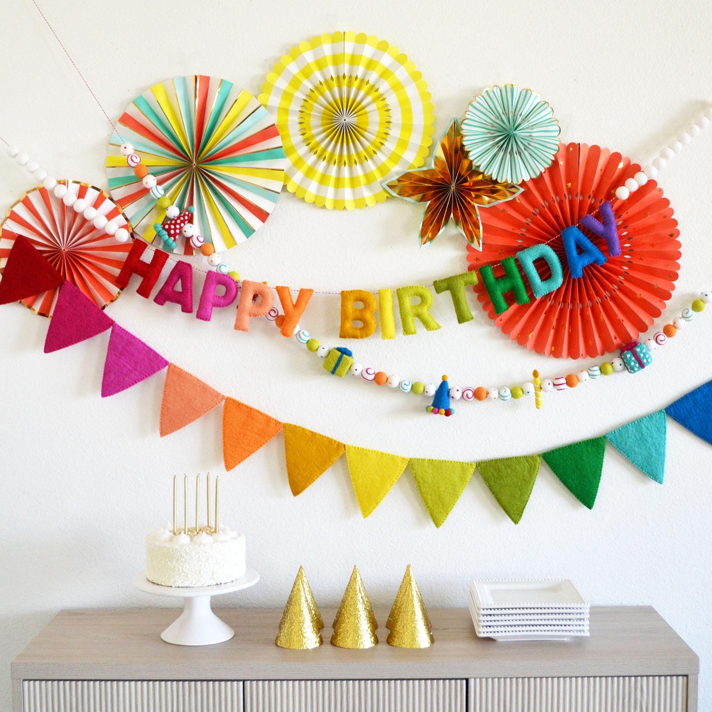 Reusable Happy Birthday Banner or Hat, Gift & Candle Felt Ball Garland or Rainbow Felt Pennants