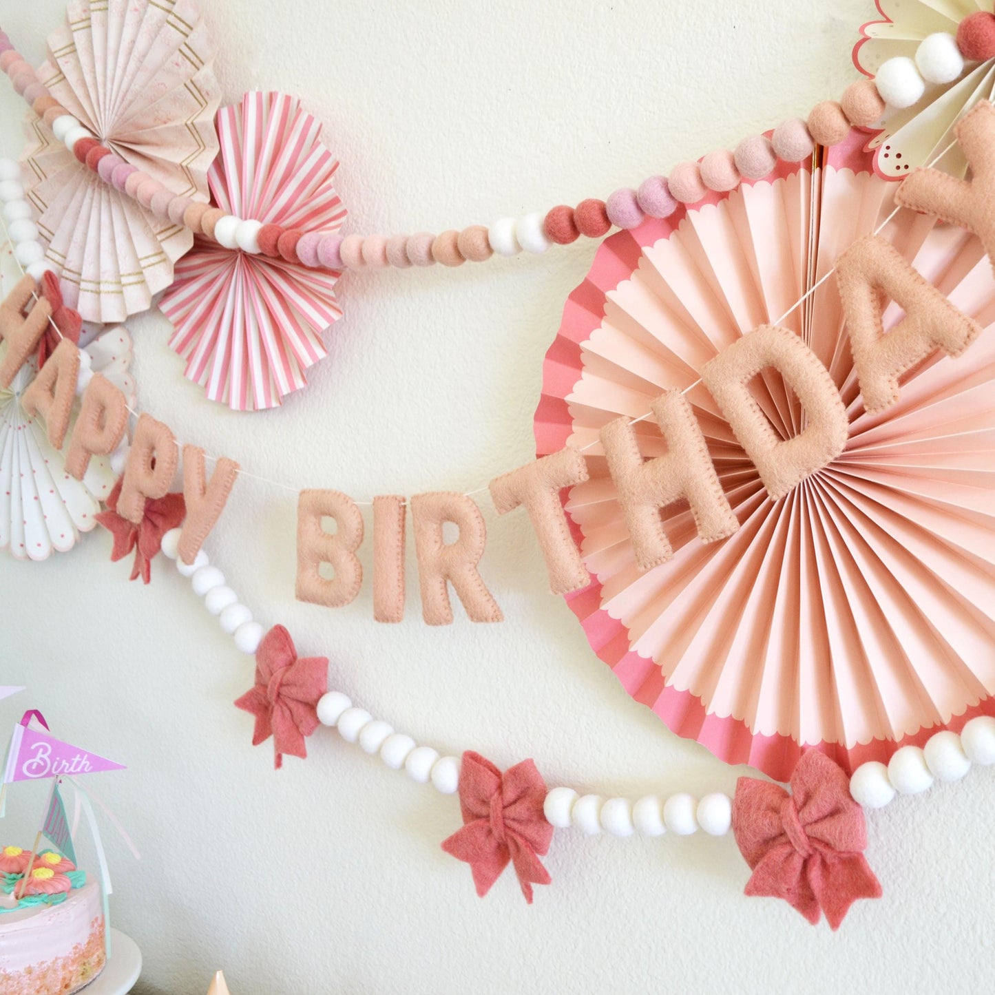 Pink Ombré Felt Ball Garland or Blush Pink Happy Birthday Banner or Rose Pink Felt Bows Garland