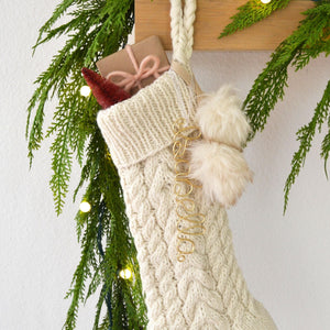 Wool Christmas Stocking – Ivory Cable Knit Stocking with Pom Poms (Name tag NOT included