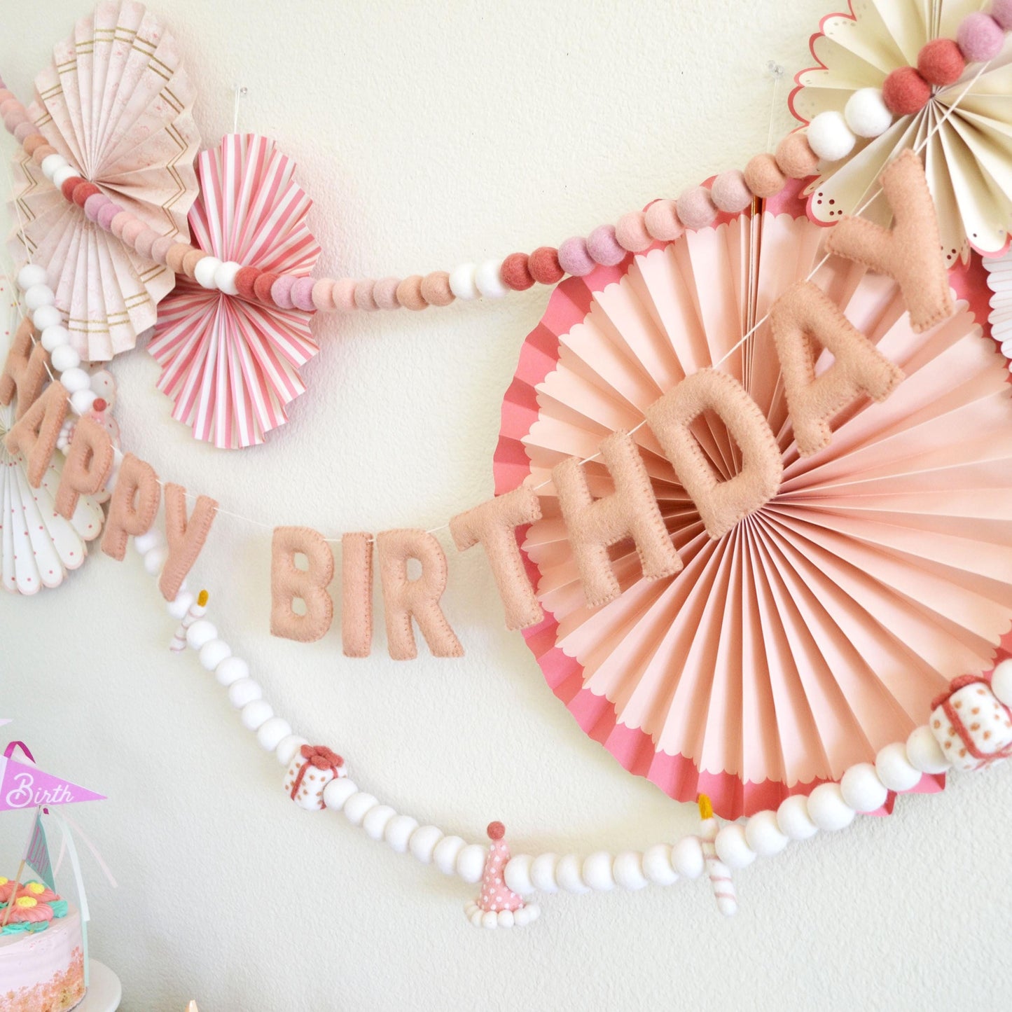 Pink Ombré Felt Ball Garland or Blush Pink Happy Birthday Banner or Hat, Gift & Candle Felt Garland