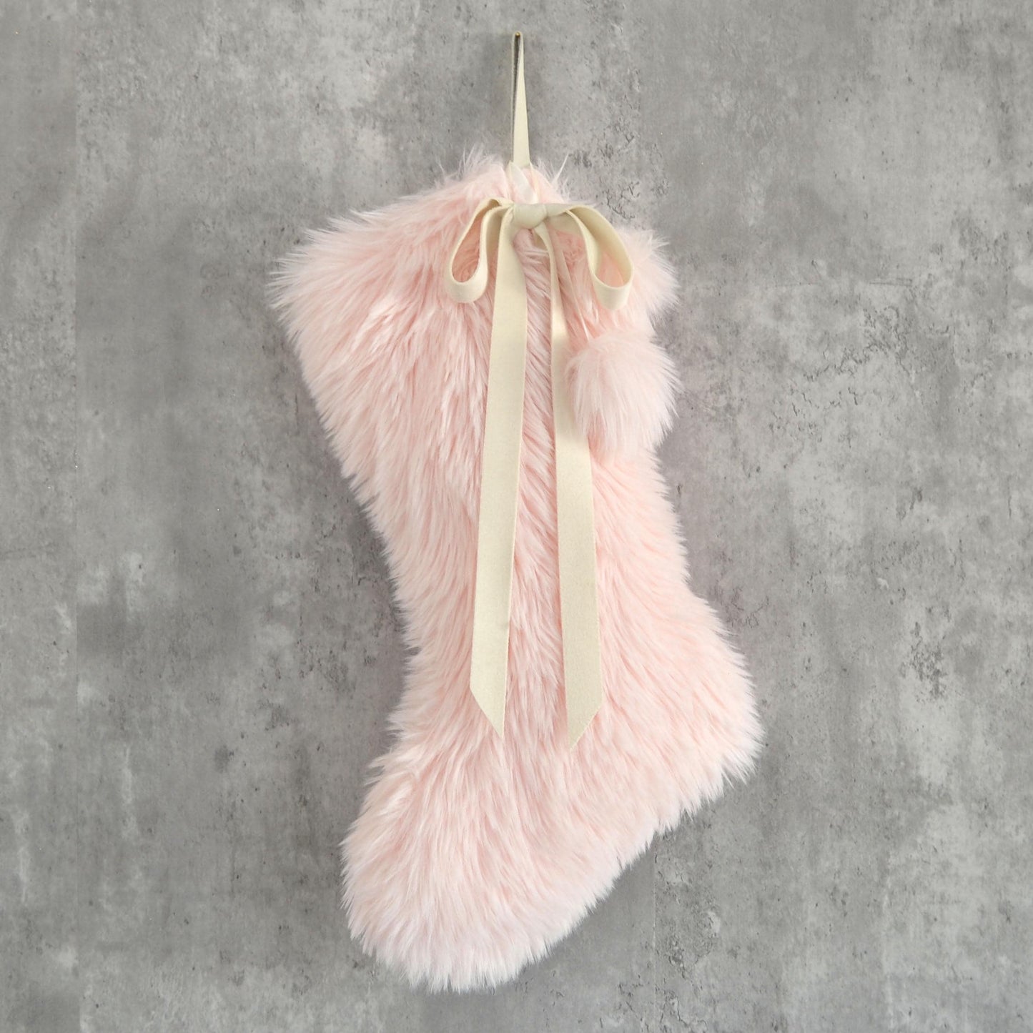 Baby Pink Faux Fur Christmas Stocking with Fur Pom Poms and Velvet Bow - Stockings For Girls