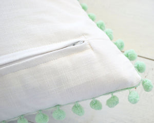 Mint Pom Pom Lumbar Pillow Cover -  12" x 20" - Mint Pillow, Throw Pillow, Pom Pom Pillow Cover, White Pillow, Girls Pillow, Nursery Pillow
