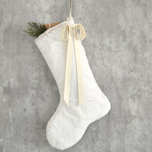 Snow White Faux Fur Christmas Stocking with Bow | Cozy Faux Fur Holiday Mantel Decor |  Neutral Winter White Christmas Stocking