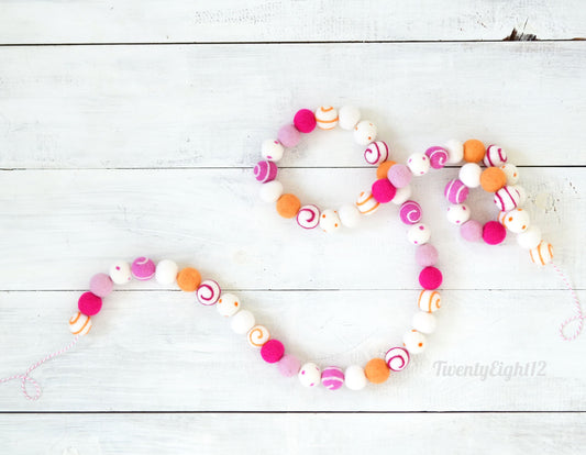 Valentines Felt Ball Garland - Felt Ball Garland, Valentines Decor, Pink Felt Garland, Pink Ombre Felt Garland, Pink Valentines Garland