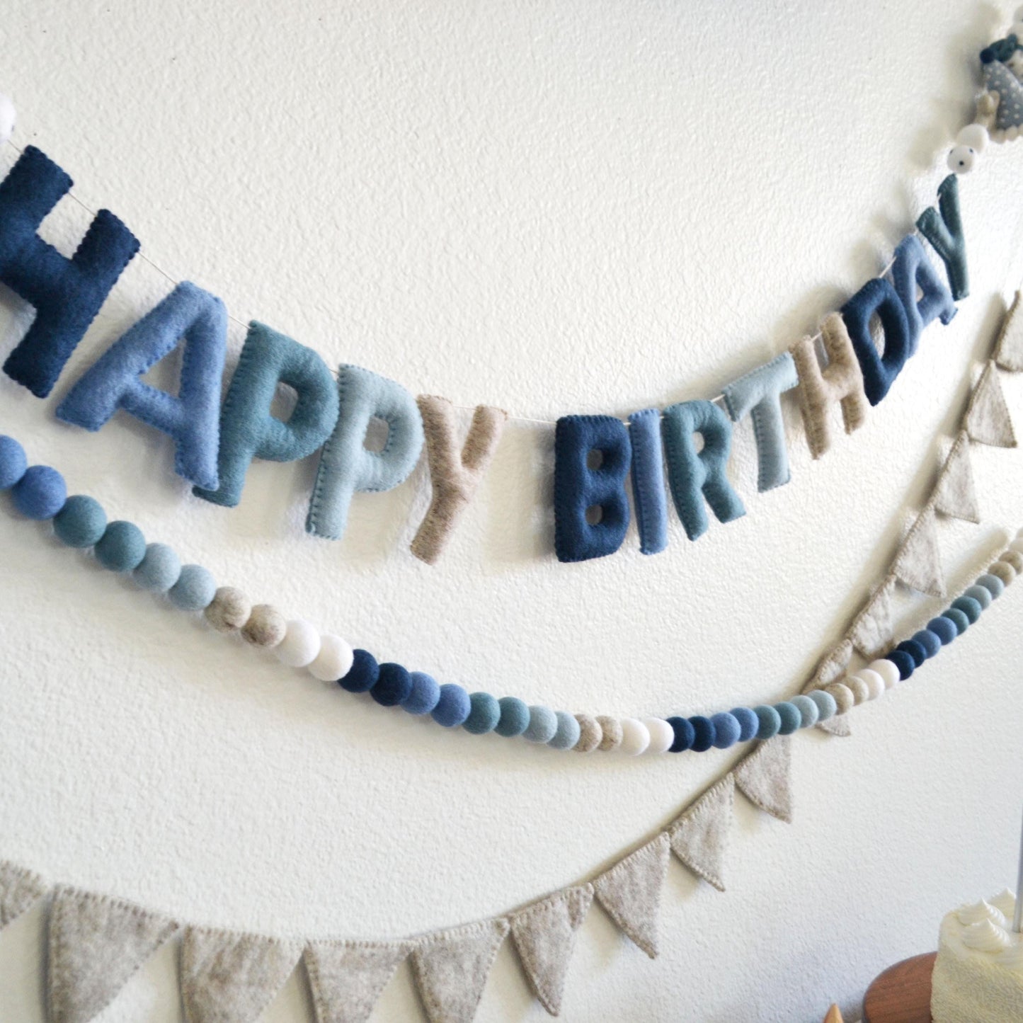 Happy Birthday Felt Banner or Blue Ombré Felt Ball Garland or Tan Felt Pennant Flag Banner