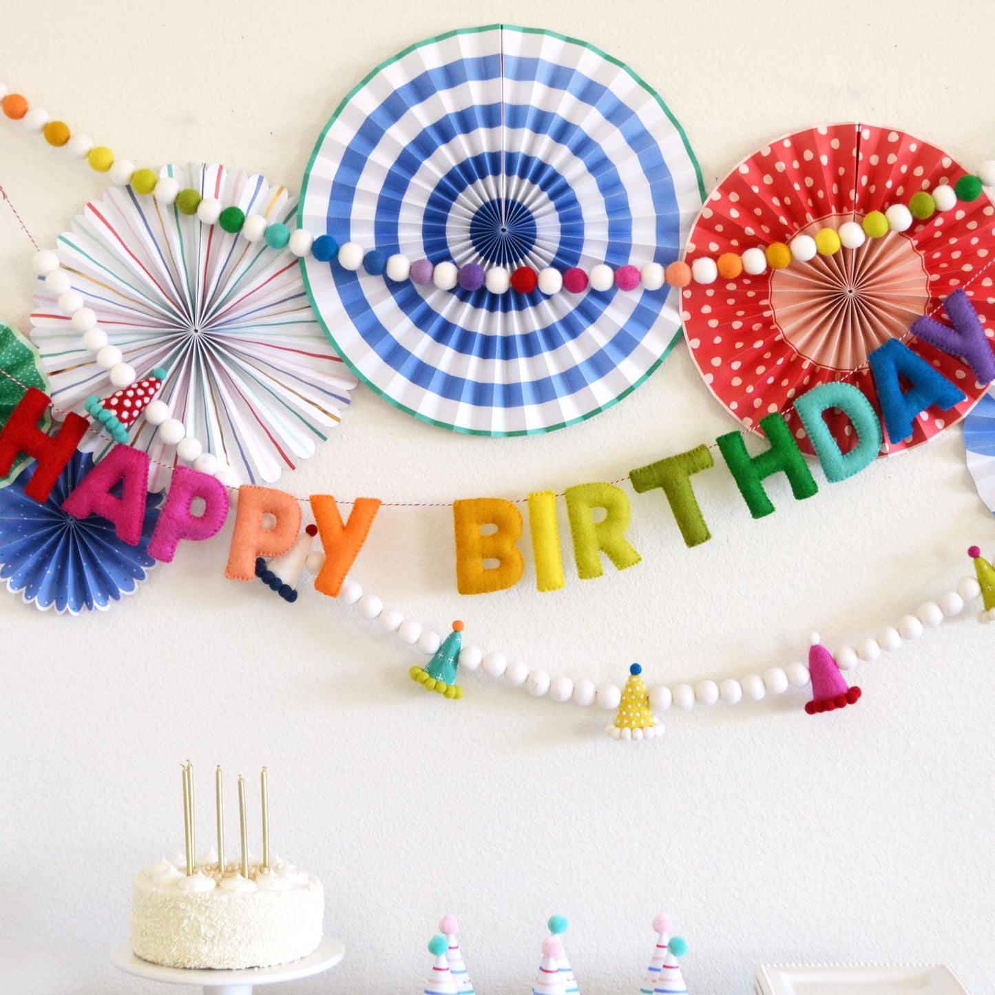 Rainbow and White Ombré Felt Ball Garland, Happy Birthday Banner and Party Hat Felt Garland Bundle