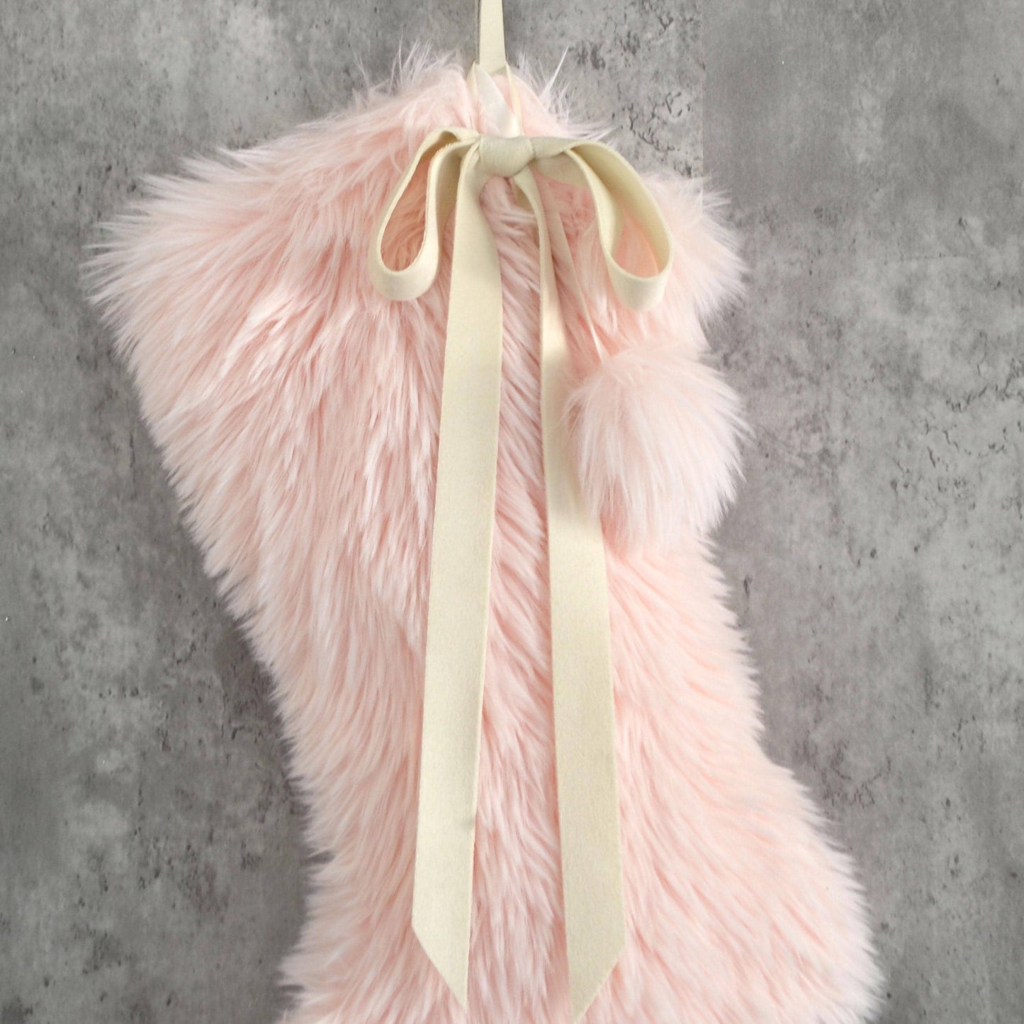Baby Pink Faux Fur Christmas Stocking with Fur Pom Poms and Velvet Bow - Stockings For Girls