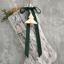 Gray Faux Fur Christmas Stocking with Velvet Bow and Felt Christmas Tree | Cozy Fur Stocking for Him | Family Christmas Stocking Heirloom