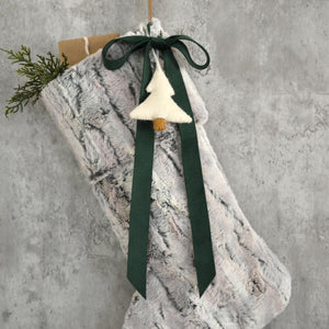 Gray Faux Fur Christmas Stocking with Velvet Bow and Felt Christmas Tree | Cozy Fur Stocking for Him | Family Christmas Stocking Heirloom