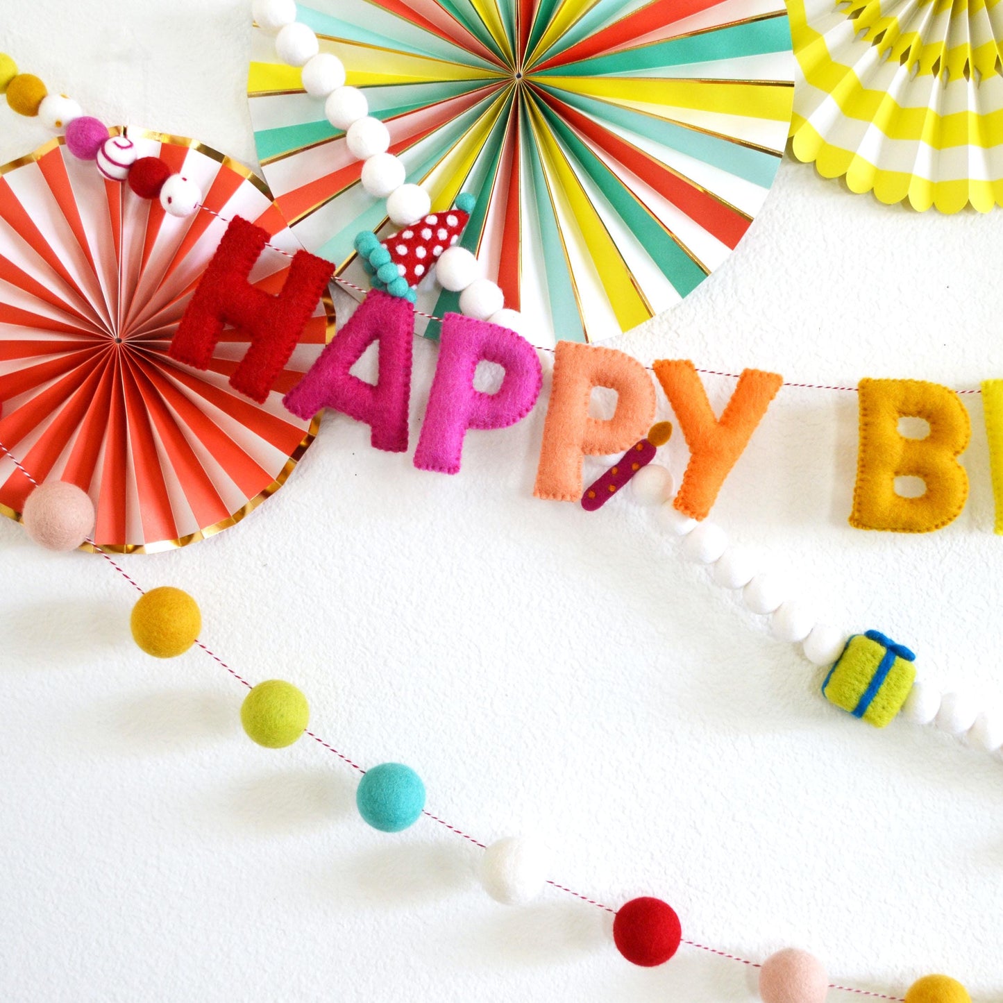Reusable Rainbow Happy Birthday Banner, Hat Gift & Candle Felt Garland and 4cm Rainbow Felt Ball Garland Bundle