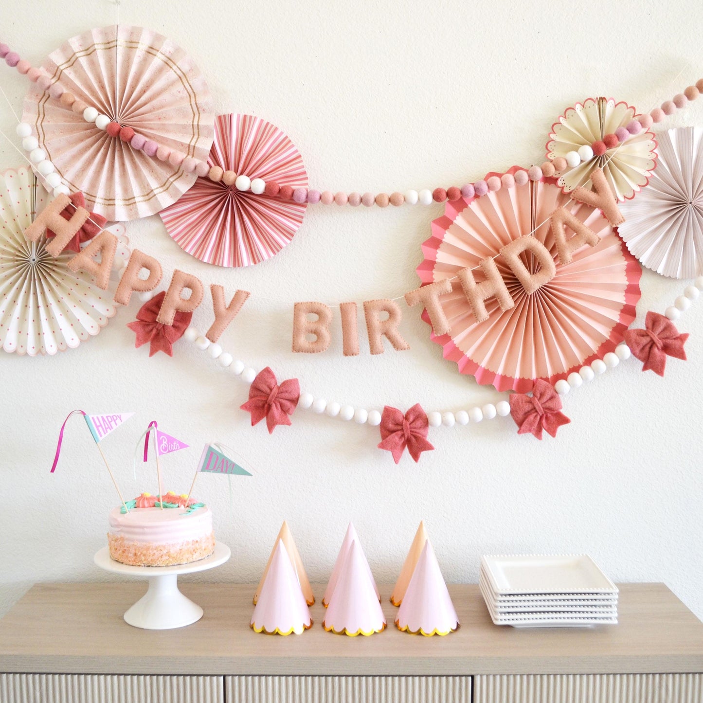 Pink Ombré Felt Ball Garland or Blush Pink Happy Birthday Banner or Rose Pink Felt Bows Garland