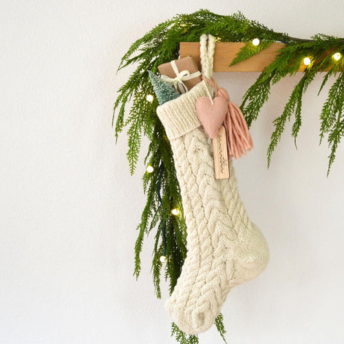 Cable Knit Christmas Stocking with Wool Tassel & Felt Heart | Hand Knit Stocking | Ivory Wool Cable Knit Stocking (Name Tag NOT included)