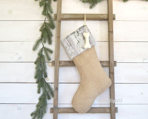 Gray Faux Fur & Burlap Christmas Stocking |  Stockings for the Family and Pets | Cat Stocking, | Stocking for Dog | Cozy Christmas Decor