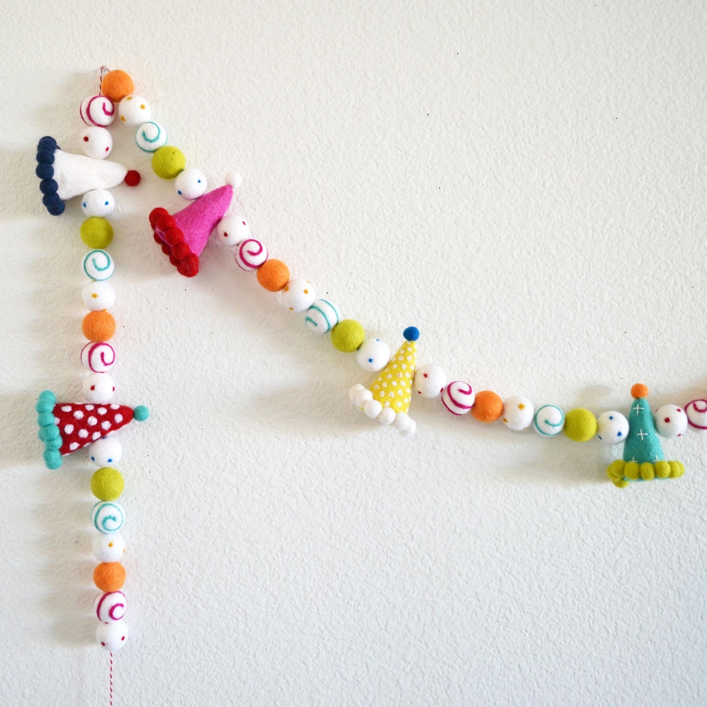 Party Hat Felt Ball Garland with Colorful Dots & Swirls